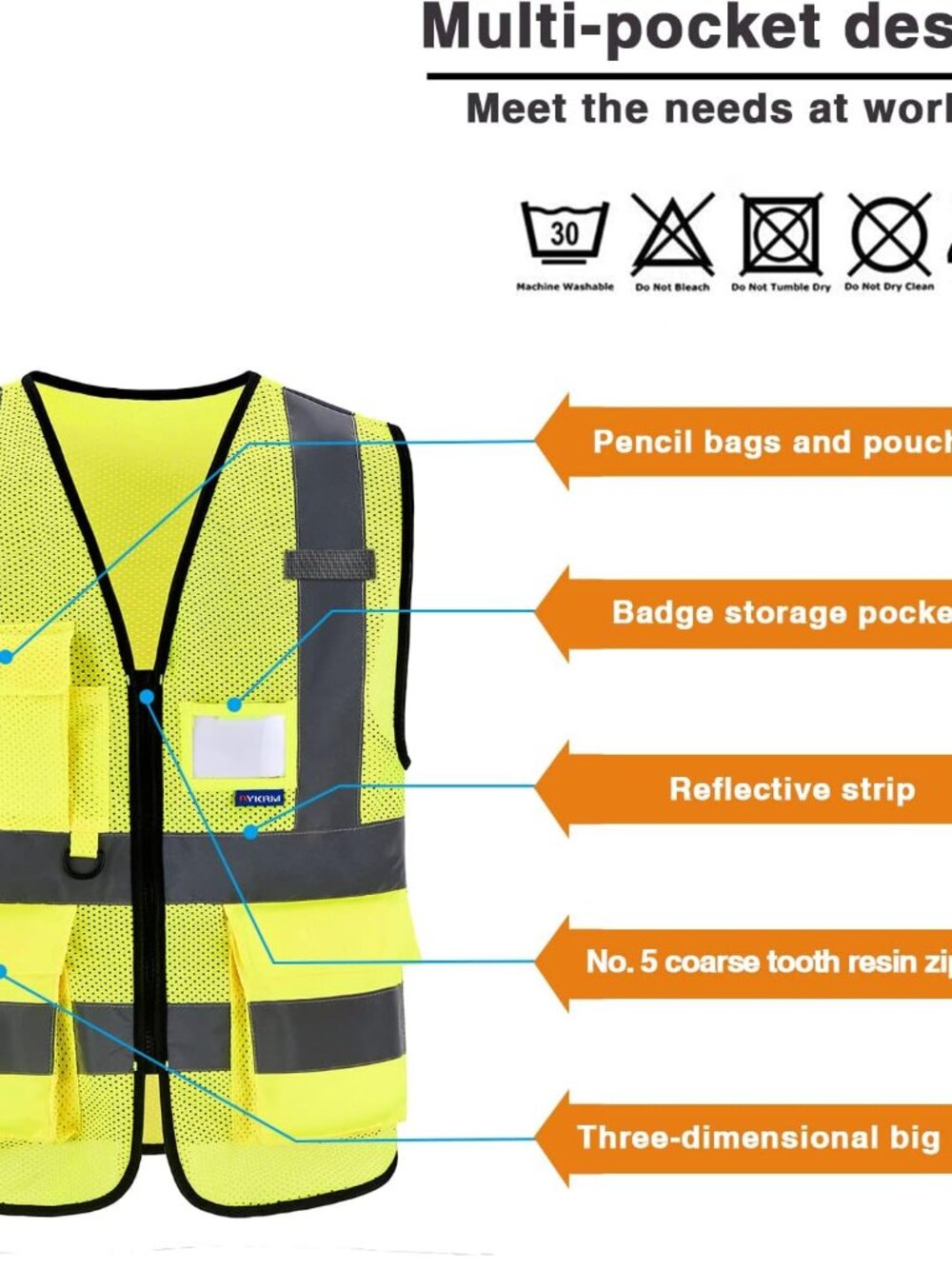 7pocket High Visibility Safety Vest Zipper, Construction Vest Reflective Strips - Picture 6 of 8